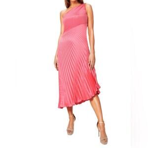 Rene Ruiz Collection One Shoulder Pleated Asymmetrical Hem Cocktail Dress Coral